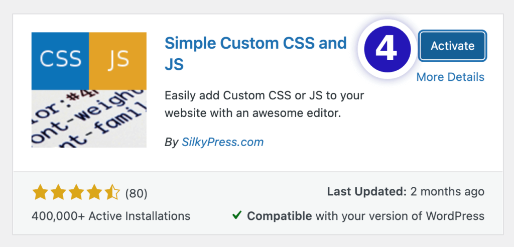 Activating Simple Custom CSS and JS Plugin in WordPress