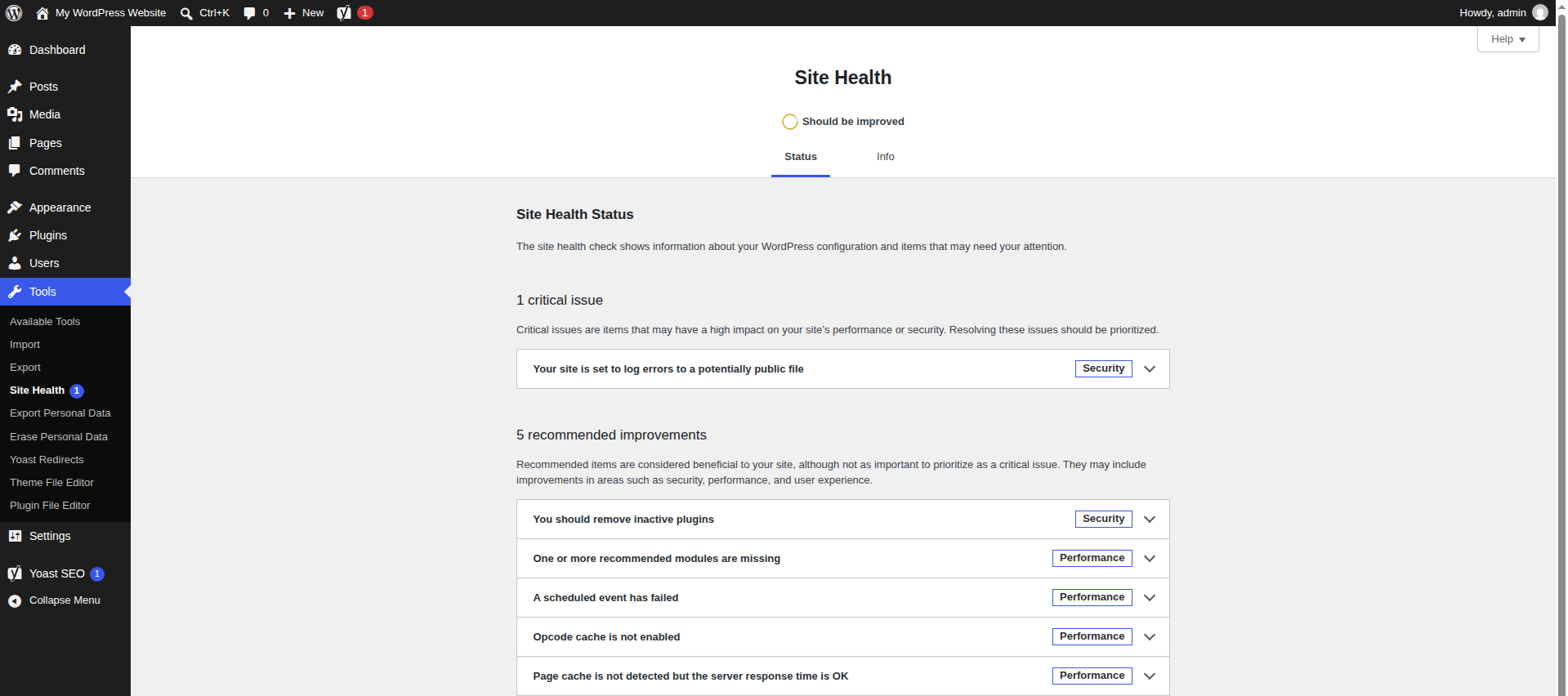 WordPress Site Health Status tab listing recommended improvements for the site