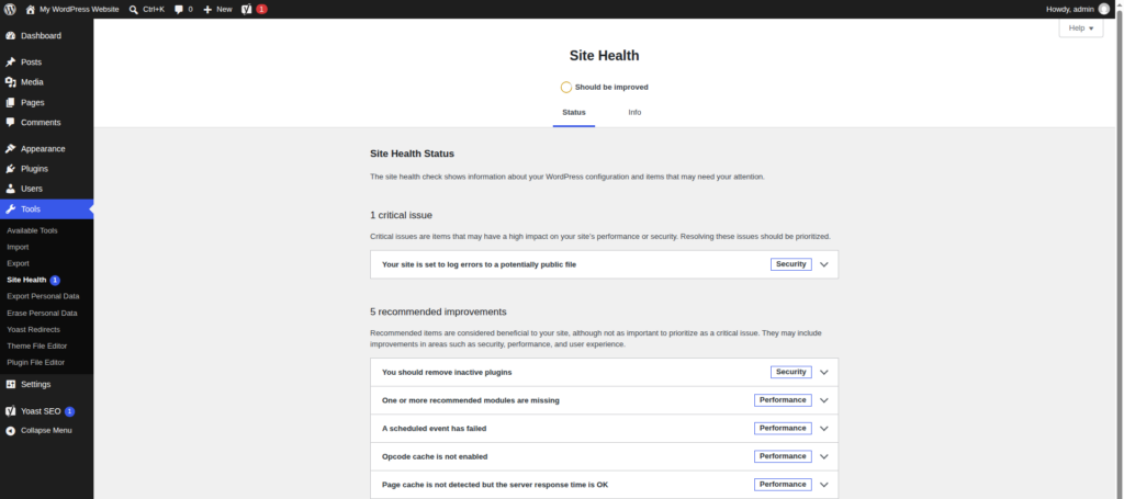WordPress Site Health Status tab showing 5 recommended improvements on a hosted site