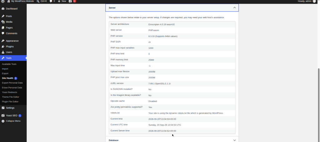 WordPress Site Health Info tab with the Server section expanded, showing the web server, PHP version