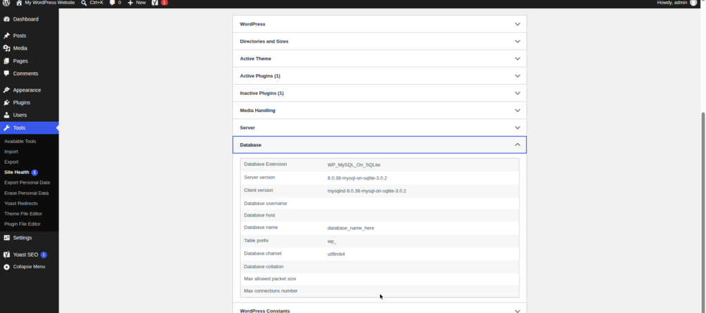 WordPress Site Health Info tab with the Database section expanded, showing the MySQL server version 