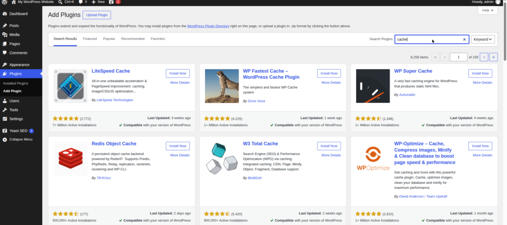 WordPress Add Plugins screen showing search results for cache plugins.