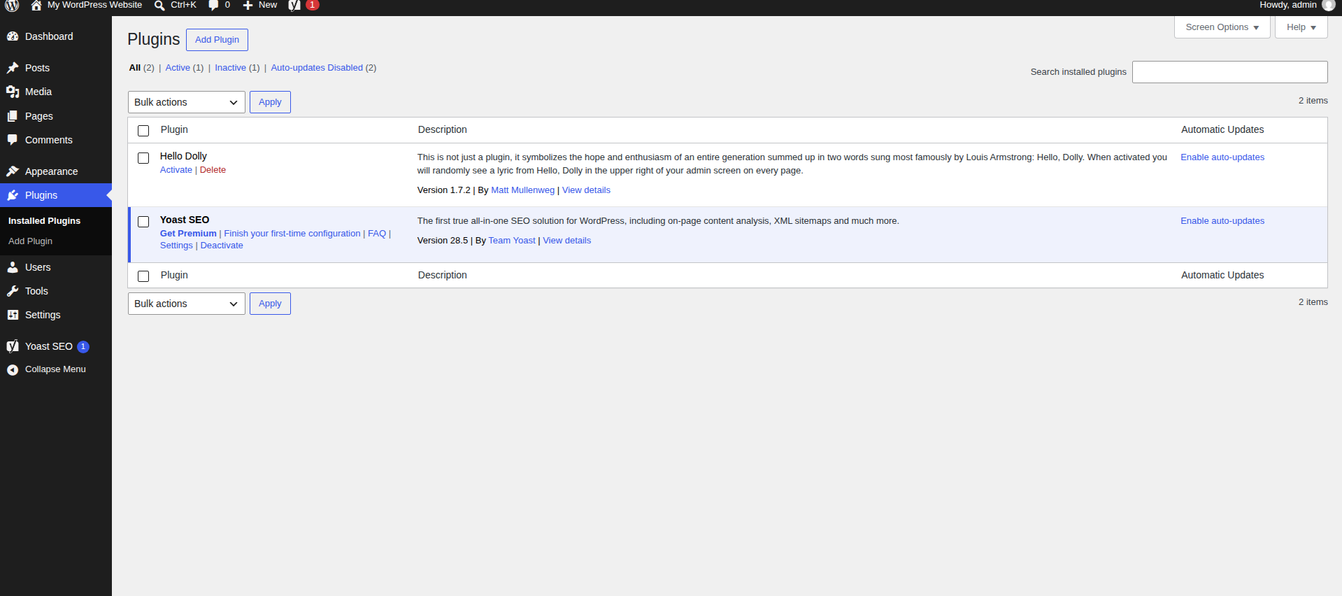 Installed Plugins screen showing the Enable auto-updates link next to each plugin
