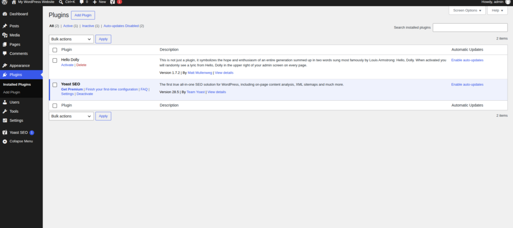 WordPress admin showing the Installed Plugins list with plugin rows and management links