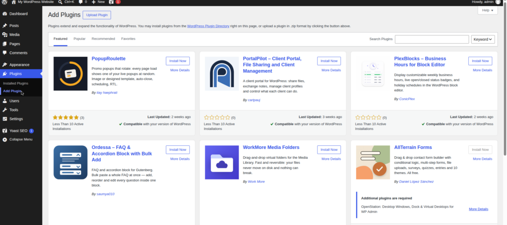 WordPress Add Plugins screen showing the plugin directory with search bar and plugin cards