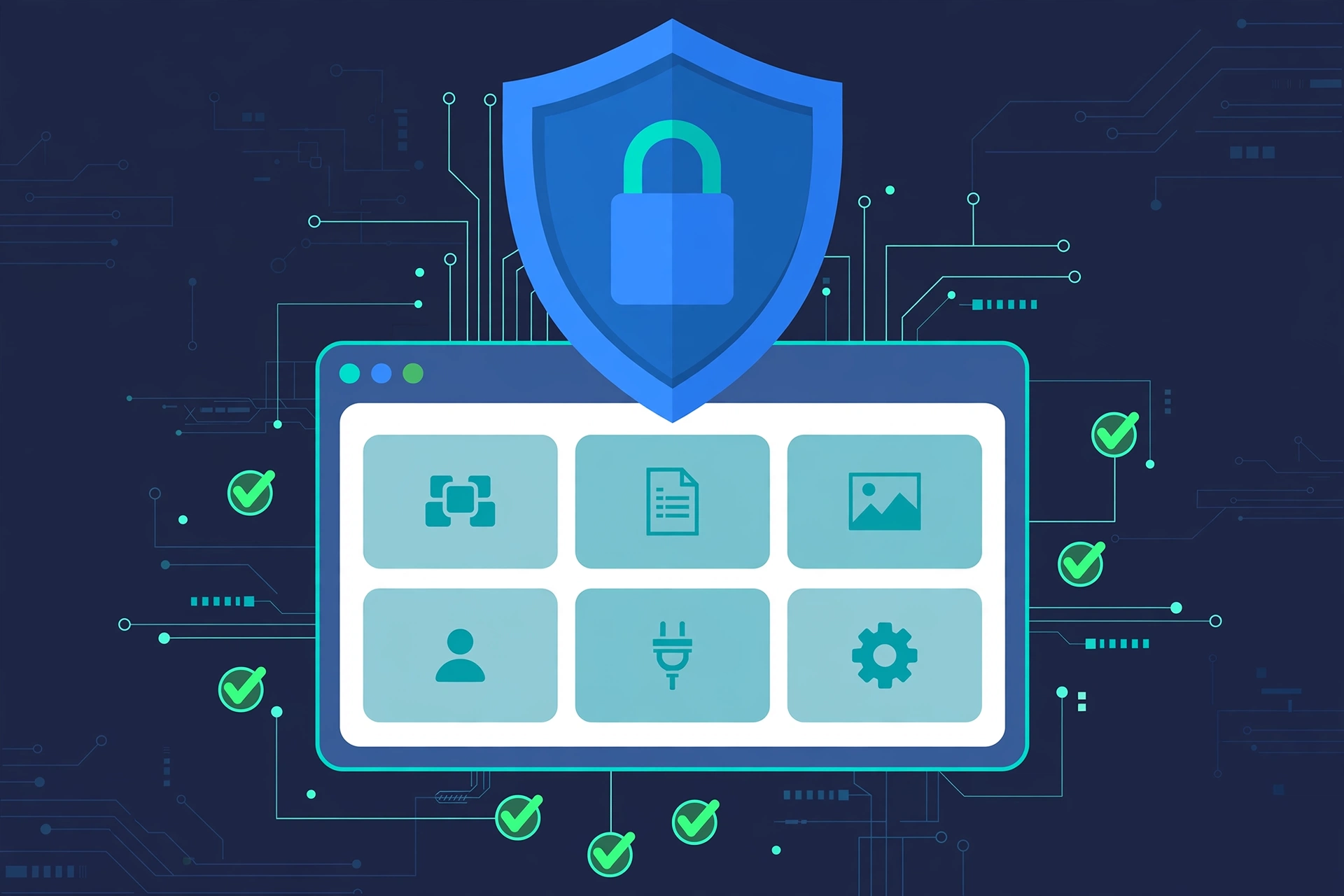 Illustration of a blue shield with a padlock protecting a WordPress dashboard
