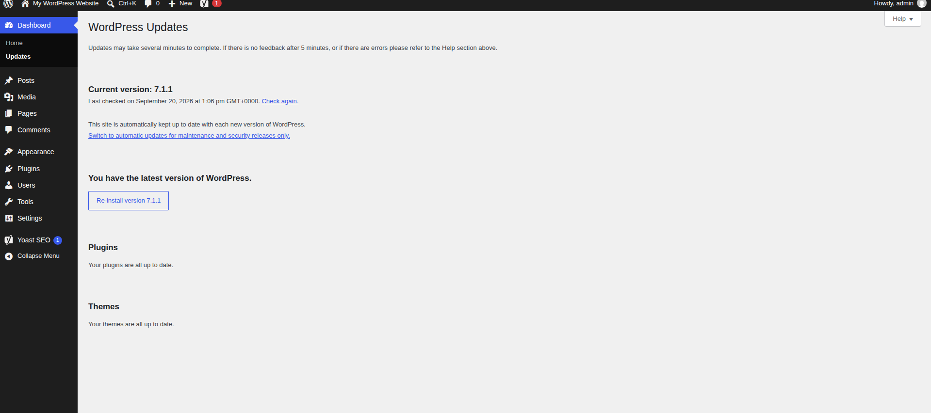 WordPress Dashboard Updates screen showing the core version and plugin/theme update status