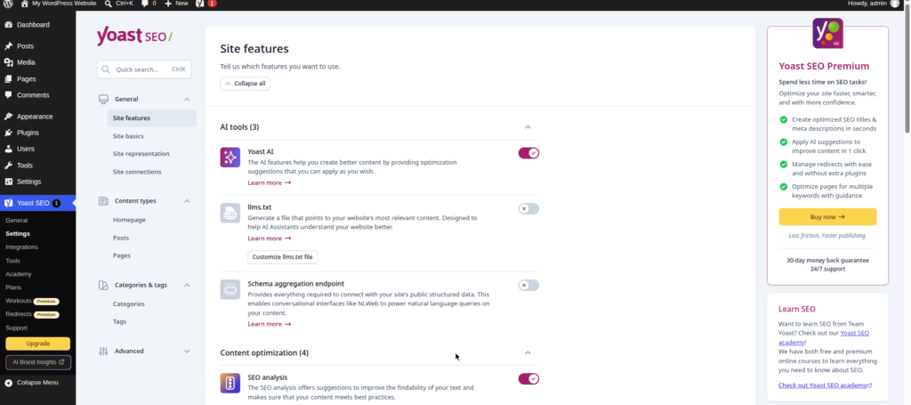 Yoast SEO settings screen showing site features toggles in the WordPress dashboard