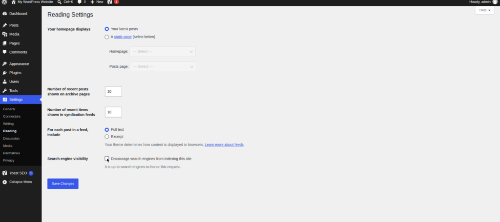 WordPress Reading Settings screen showing the search engine visibility checkbox unchecked