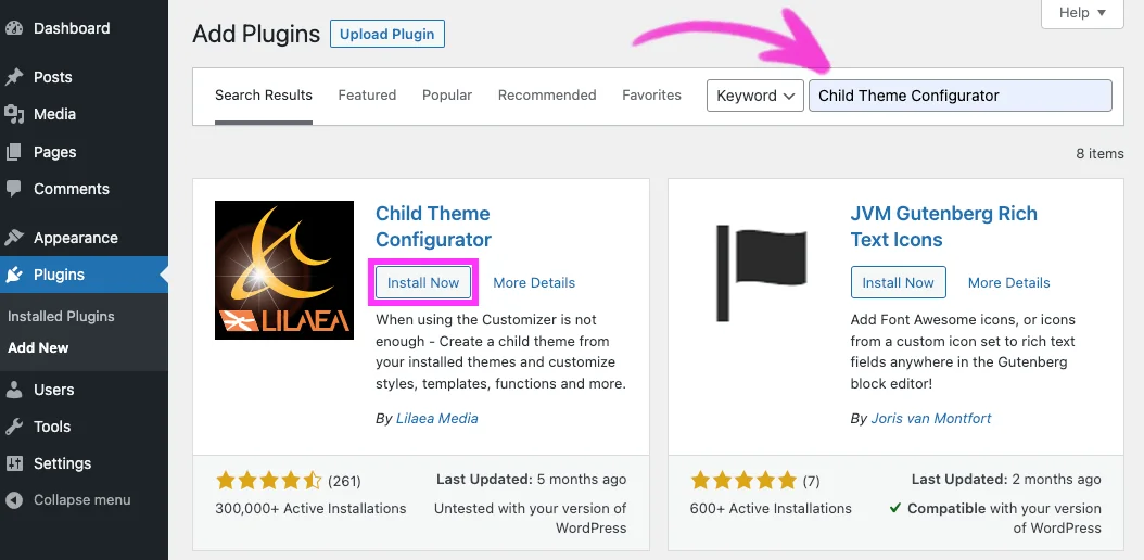 Installing WordPress Child Theme Generator Plugin