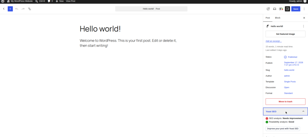 WordPress post editor with the Yoast SEO sidebar panel open