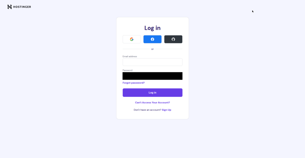 Screenshot of Hostinger's public account login screen for hPanel