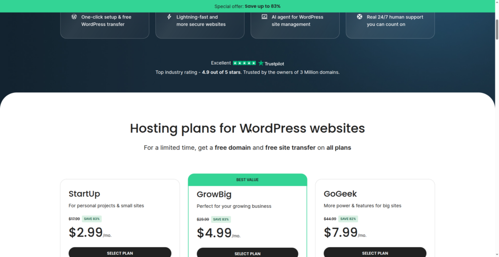 Screenshot of SiteGround's WordPress hosting pricing page showing StartUp, GrowBig, and GoGeek plans