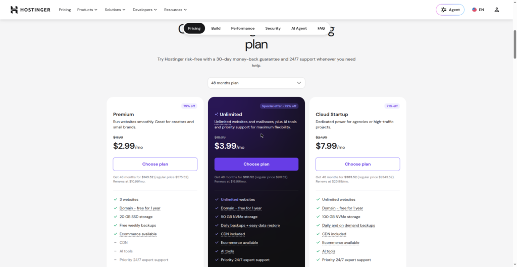 Screenshot of Hostinger's web hosting pricing page showing Premium, Unlimited, and Cloud Startup plans