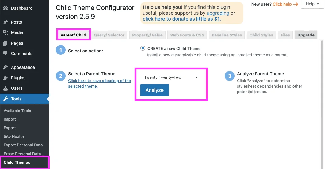 WordPress Child Theme Configurator Page