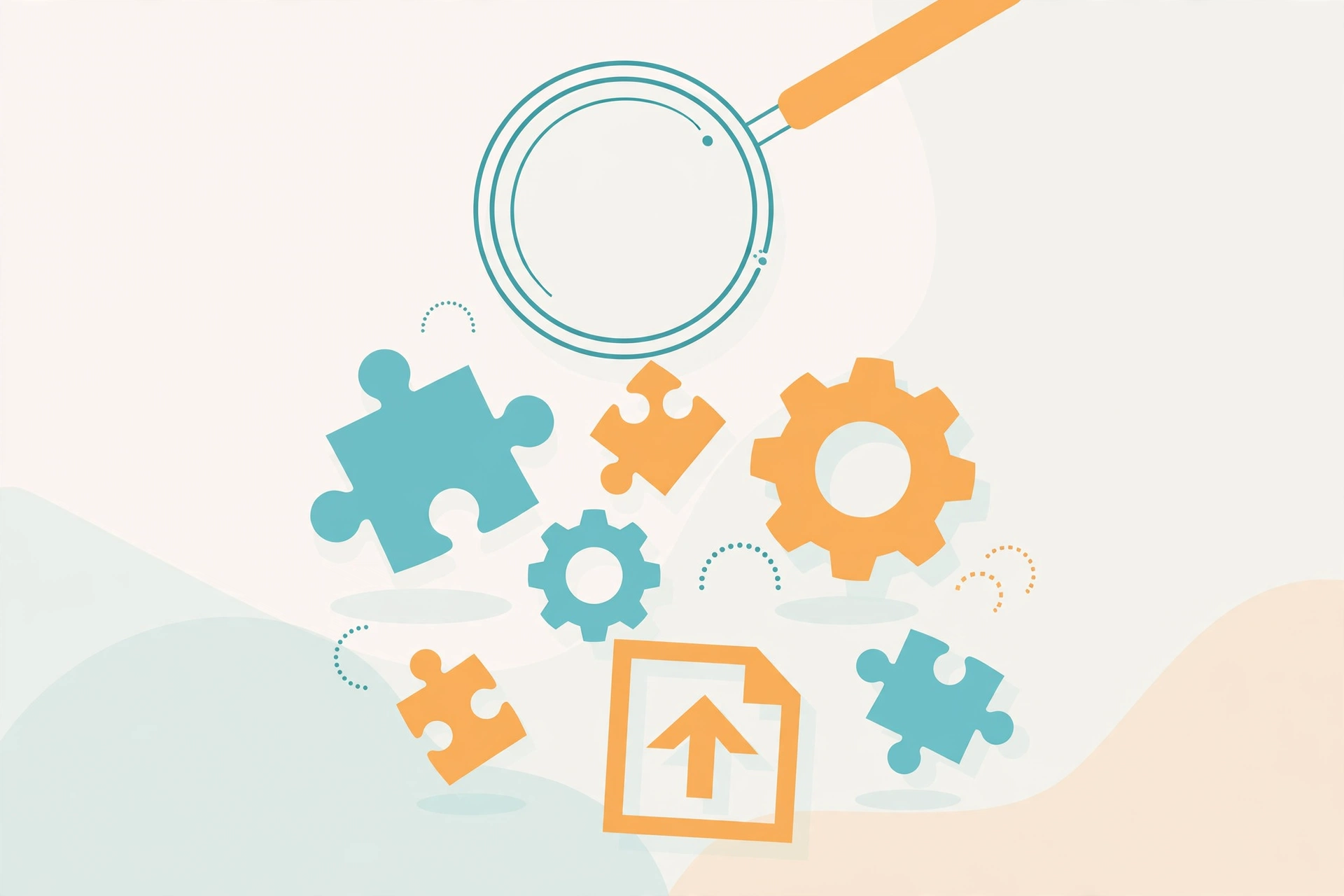 Illustration of a magnifying glass hovering over abstract plugin and upload-setting shapes, representing checking whether the File Uploads add-on and external upload flow are in use