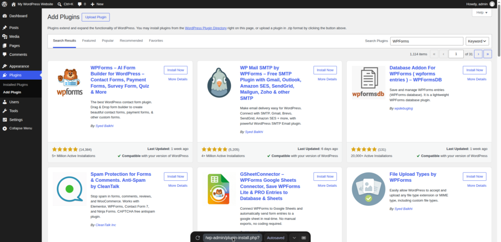 Screenshot of the WordPress Plugins Add New screen with WPForms in the search results.