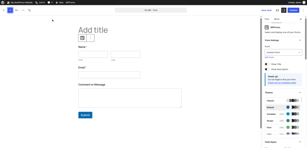 Screenshot of the WordPress block editor with a WPForms block inserted and a contact form selected.