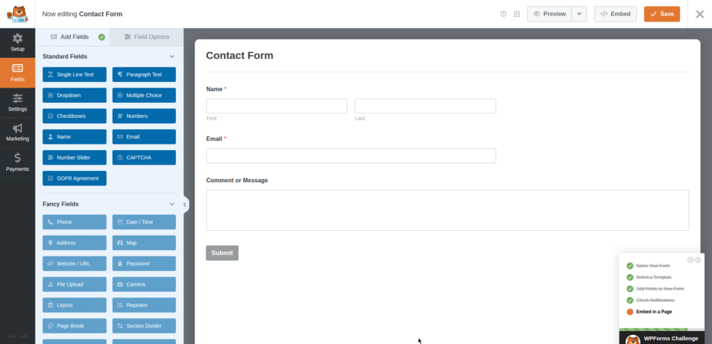 Screenshot of the WPForms drag-and-drop form builder with a simple contact form template loaded.