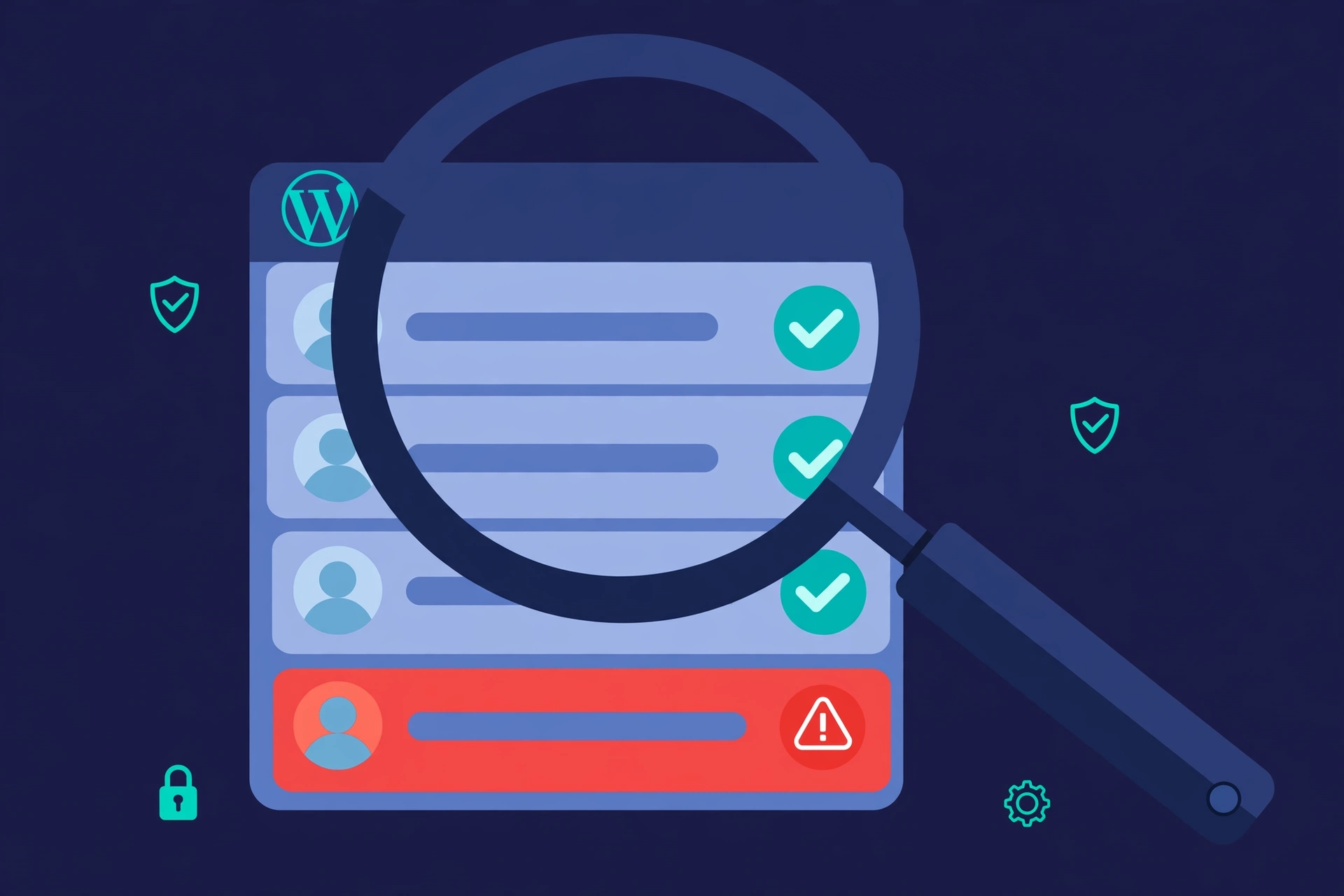 Illustration of a magnifying glass over a WordPress user list with one suspicious administrator account flagged