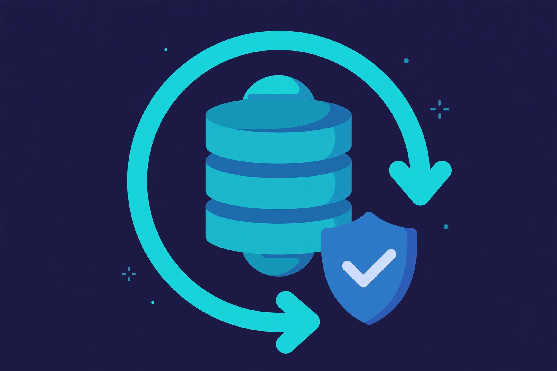 Illustration of a database with a restore arrow and a security shield, representing restoring a website from a clean backup