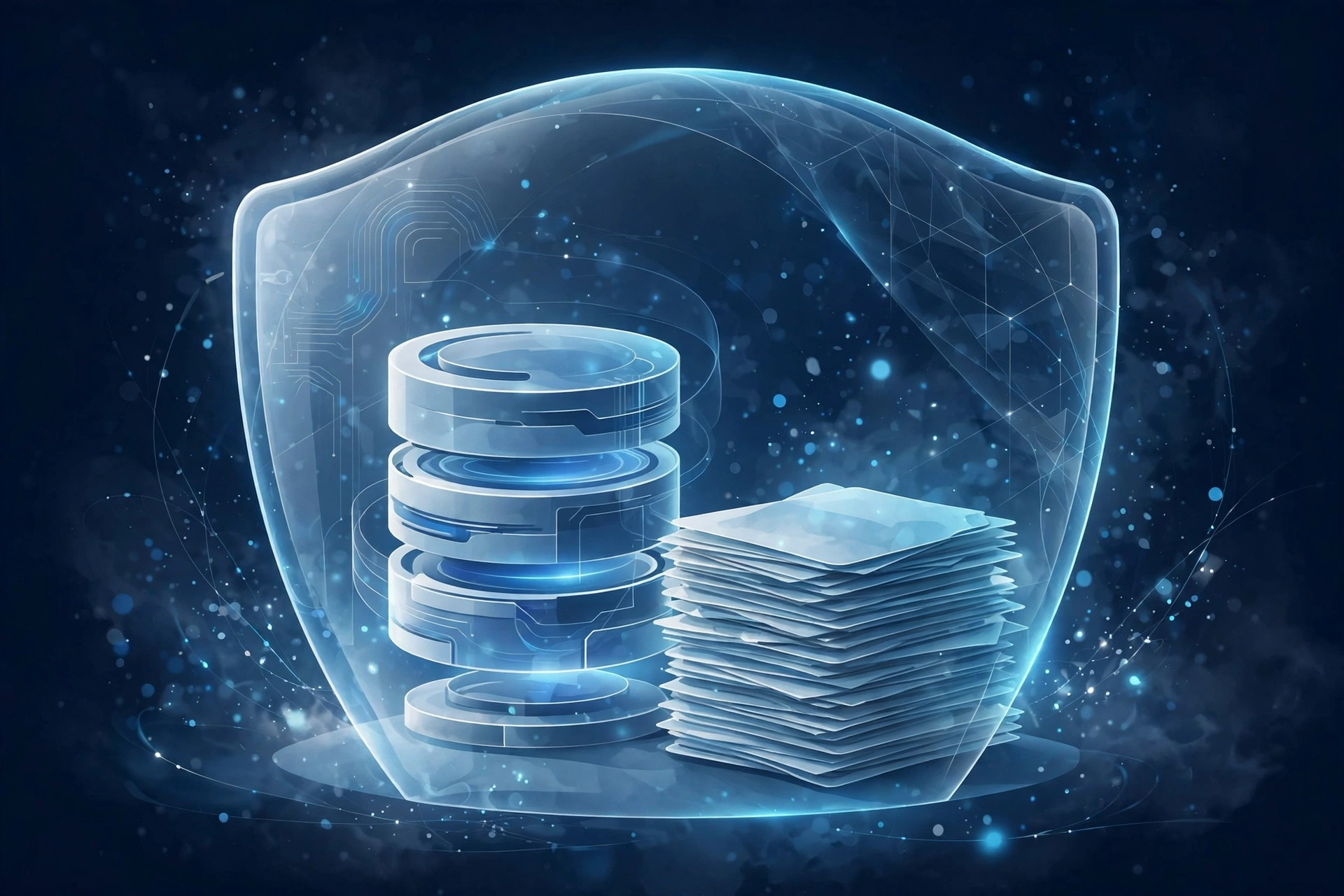 Illustration of a database and a safe copy of files under a protective shield, representing verified WordPress backups