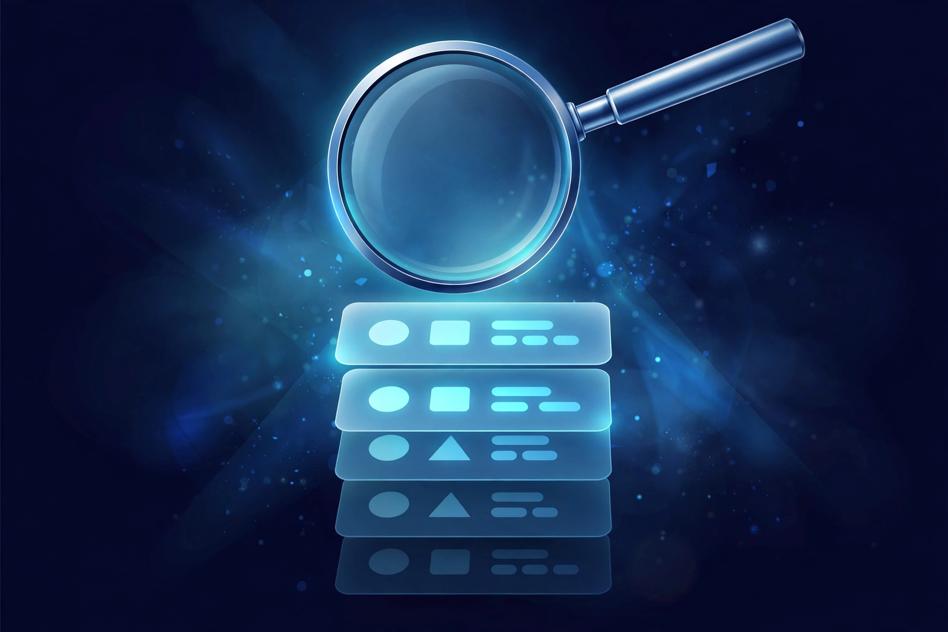 Illustration of a magnifying glass inspecting a list of WordPress plugins to find the wpForo version number